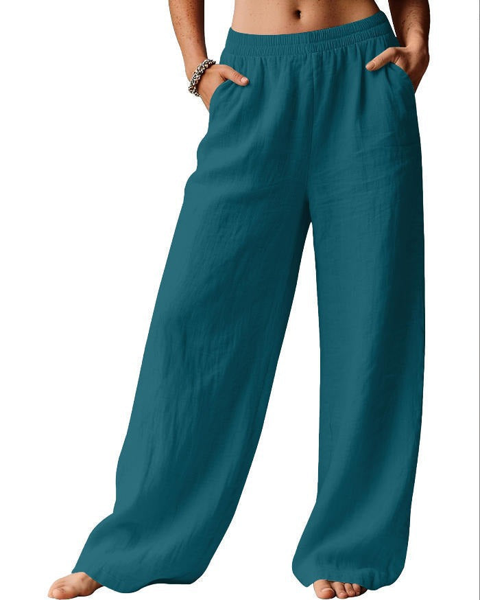 Damen bequeme weite Leinenhose mit elastischem Bund Drune