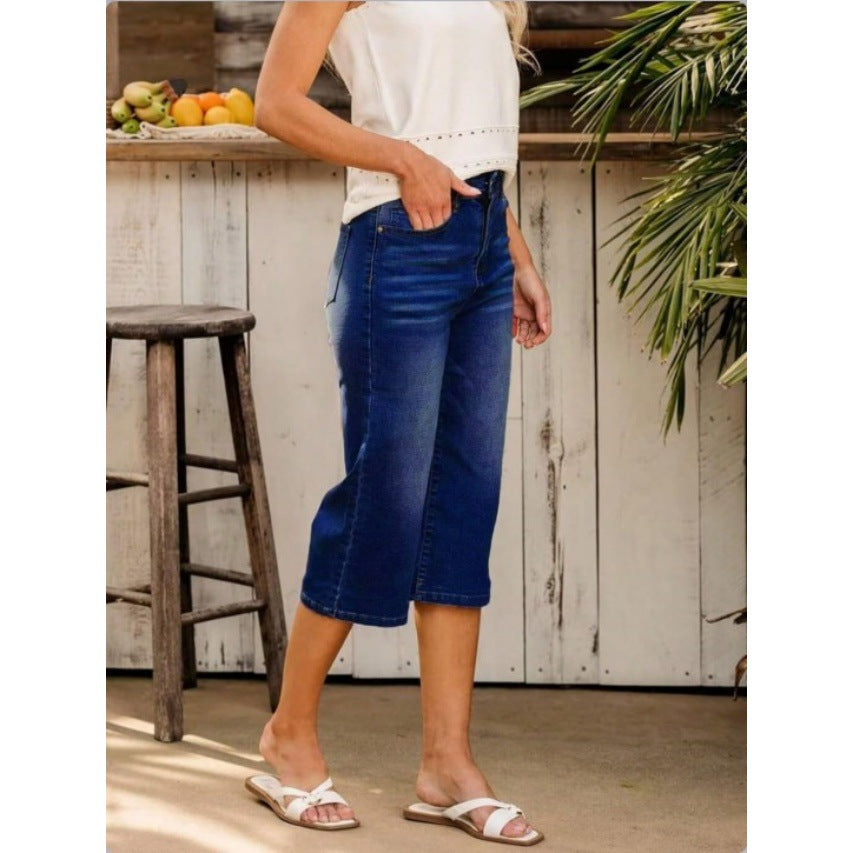 Damen Hochtaillierte Culotte-Jeans mit weitem Bein und Fünf-Taschen-Design Drune