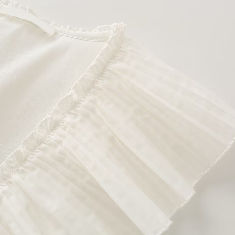 Damen Ärmellose Rüschenbluse mit tiefem V‑Ausschnitt, zarter Plissee‑Rüsche und Bindeschleife Drune