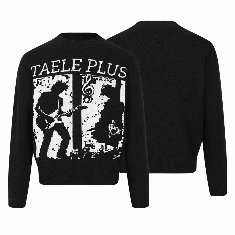 Unisex Grafik-Strickpullover mit Bandintarsie, Rundhals und geripptem Saum Drune