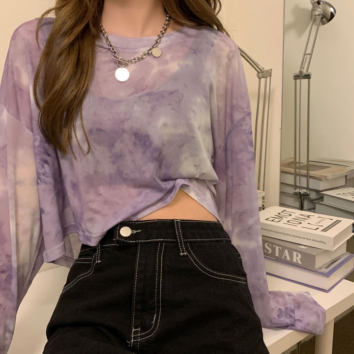 Damen cropped Sweatshirt im modernen Batikdesign mit weiten Ärmeln und Rundhalsausschnitt Drune