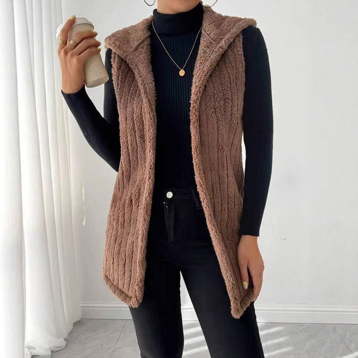 Damen Plüsch Weste mit Kapuze und senkrecht gestreiftem Design Drune