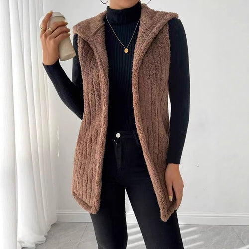 Damen Plüsch Weste mit Kapuze und senkrecht gestreiftem Design Drune