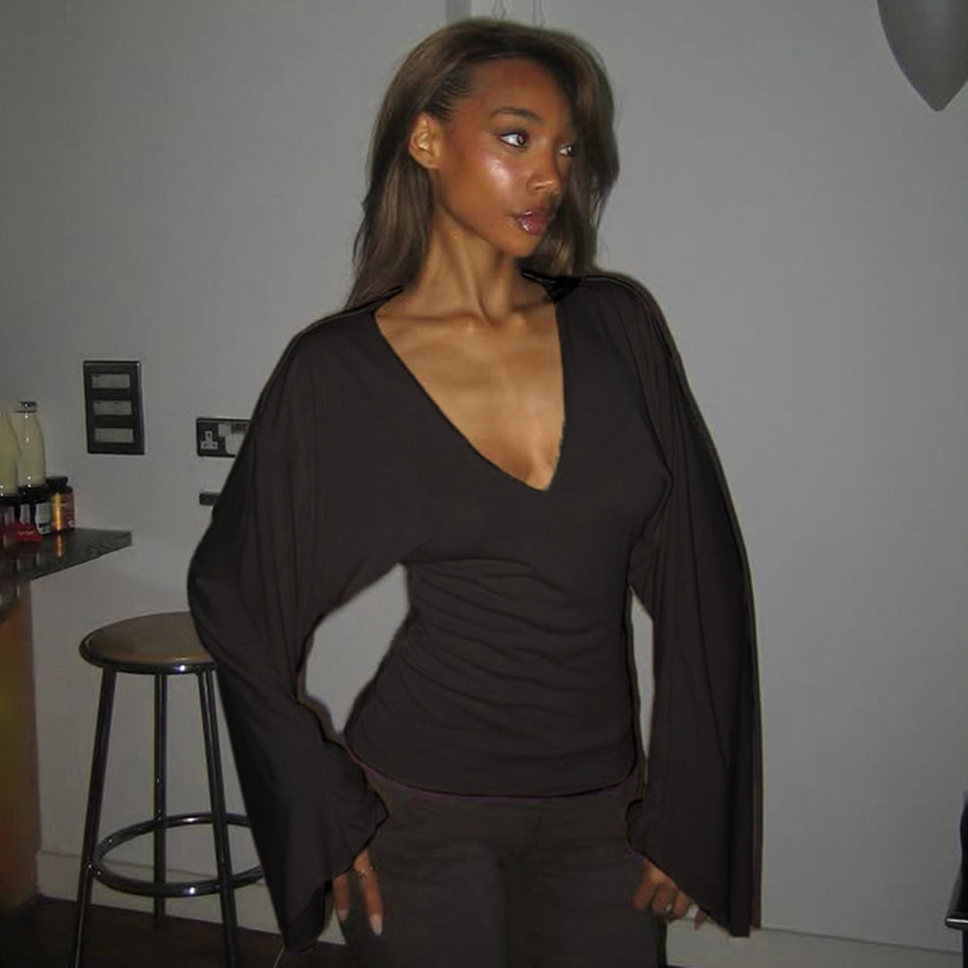 Damen nan tailliertes Langarm-Cropped-Shirt mit V‑Ausschnitt, überschnittener Schulter und soften Jersey-Qualität Drune