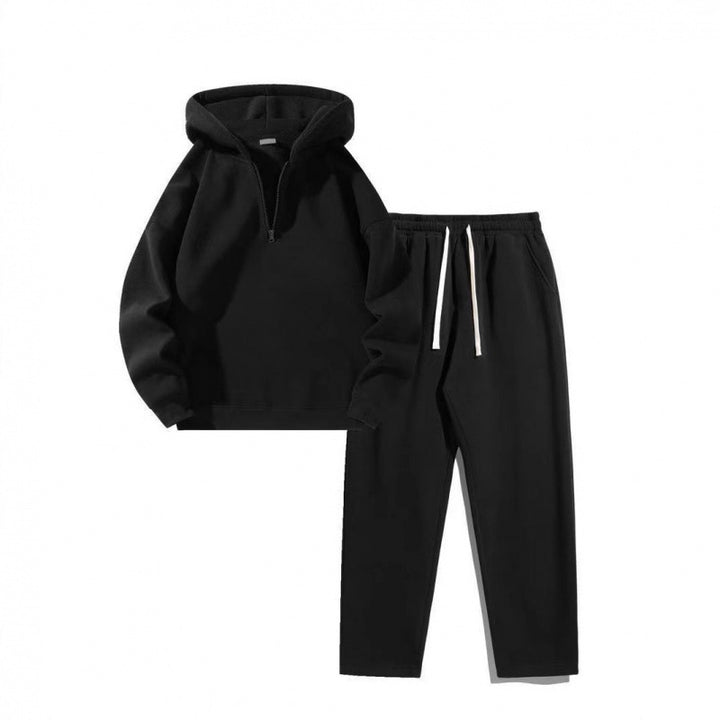 Damen nan Relax-Set mit kurzem Halbzip, übergroßer Kapuze und taillenhoher tapered Jogginghose Drune