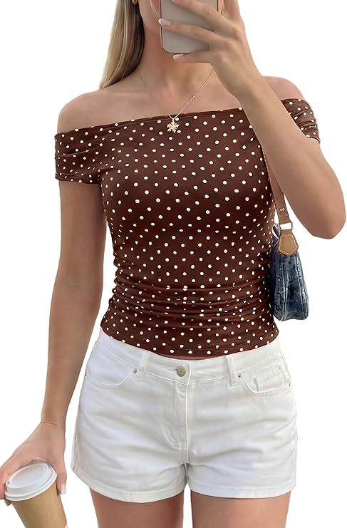 Damen Schulterfreies tailliertes Polka‑Dot Top mit geraffter Seitennaht Drune