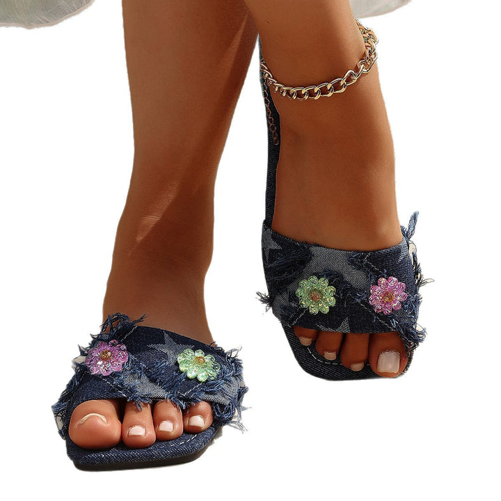 Damen flache Pantoletten mit floralem Strassdesign und rutschfester Sohle Drune