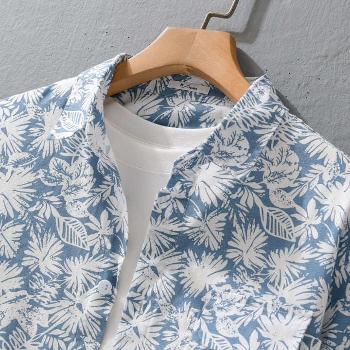 Damen Leichtes Blumenprint-Overshirt aus Leinen-Baumwollmix mit Kentkragen und Brusttasche Drune