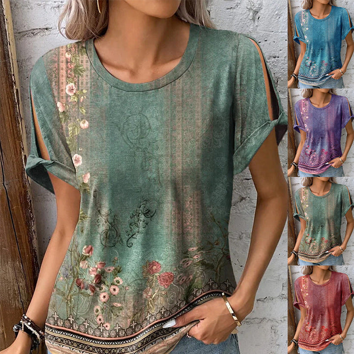 Damen florales Oversized-T-Shirt mit Cut-Out-Ärmeln Drune