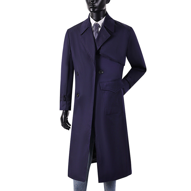 Herren Langmantel im Trenchcoat-Stil mit Sturmklappe, asymmetrischen Taschen und klassischem Revers Drune