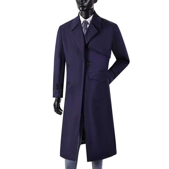 Herren Langmantel im Trenchcoat-Stil mit Sturmklappe, asymmetrischen Taschen und klassischem Revers Drune