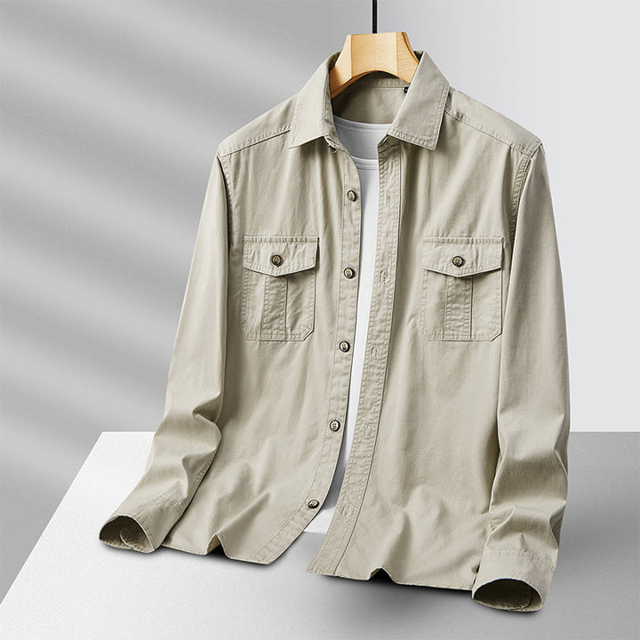 Herren leichte Baumwoll-Utility-Hemdjacke mit Pattentaschen und durchgehender Knopfleiste Drune