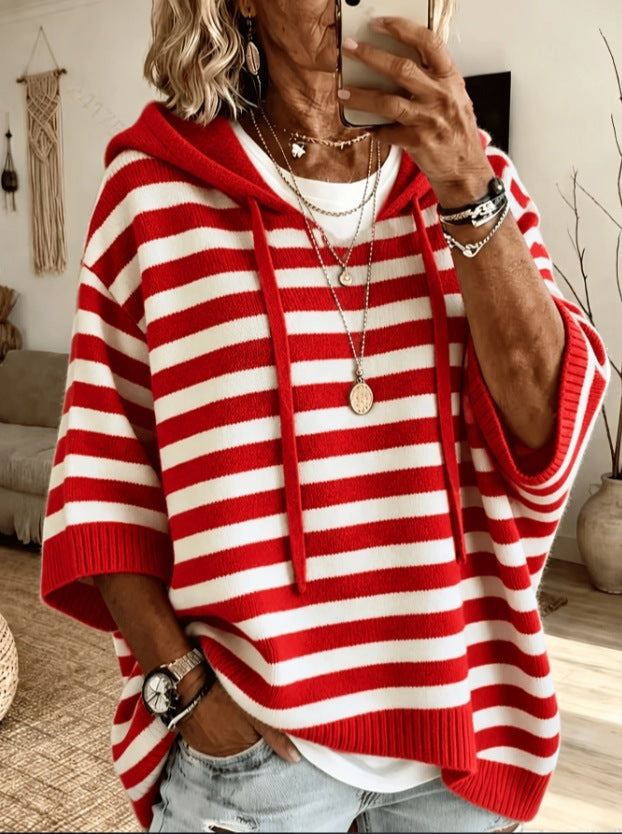 Damen nan Oversize Strickponcho mit Kapuze und kurzen Ärmeln Drune