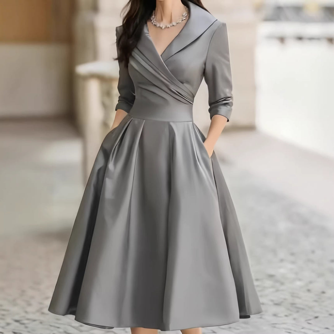 Damen Elegantes Satin-Midikleid mit Wickeloberteil, mittellangen Ärmeln und Eingrifftaschen Drune