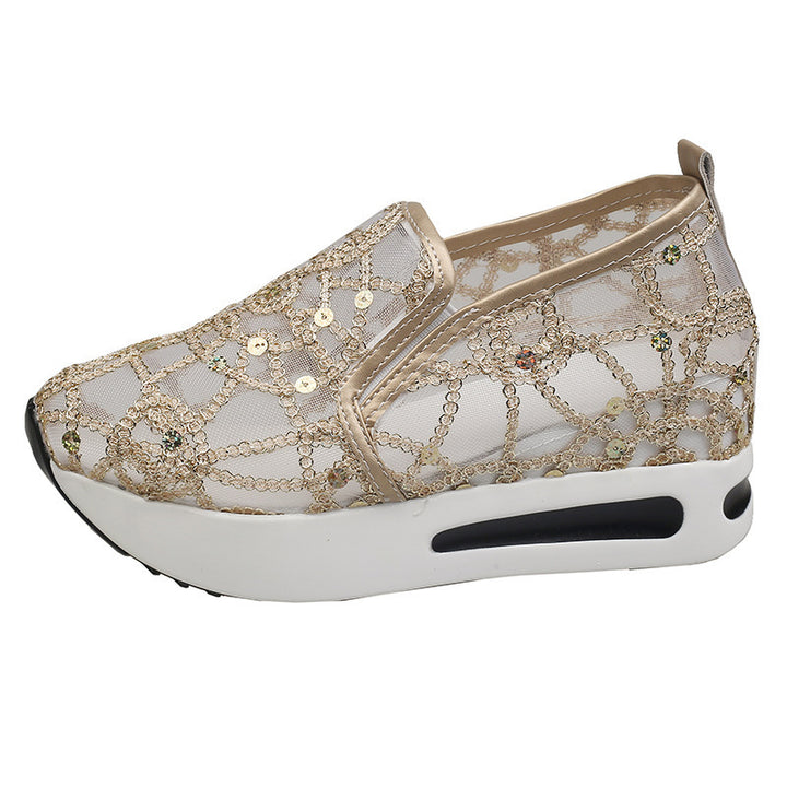 Damen Elegante Keil-Slipper mit transparentem Mesh, Paillettenstickerei und dämpfender Plateau-Sohle Drune
