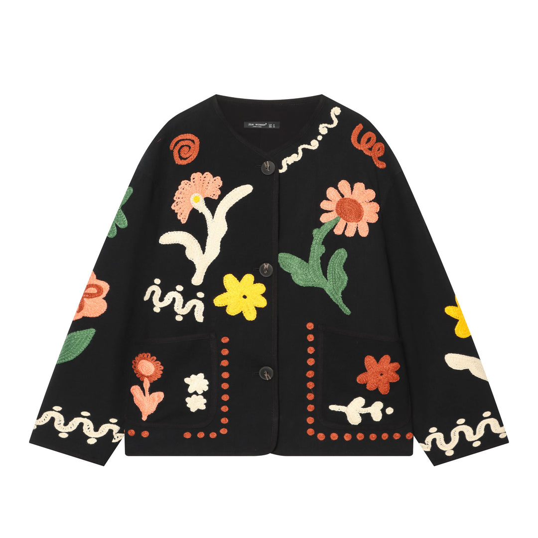 Damen Kurze Strickjacke mit floraler Chenille-Applikation Drune
