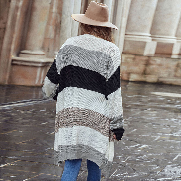Damen Langer Offener Strickcardigan mit breiten Colorblock-Streifen und gerippten Bündchen Drune