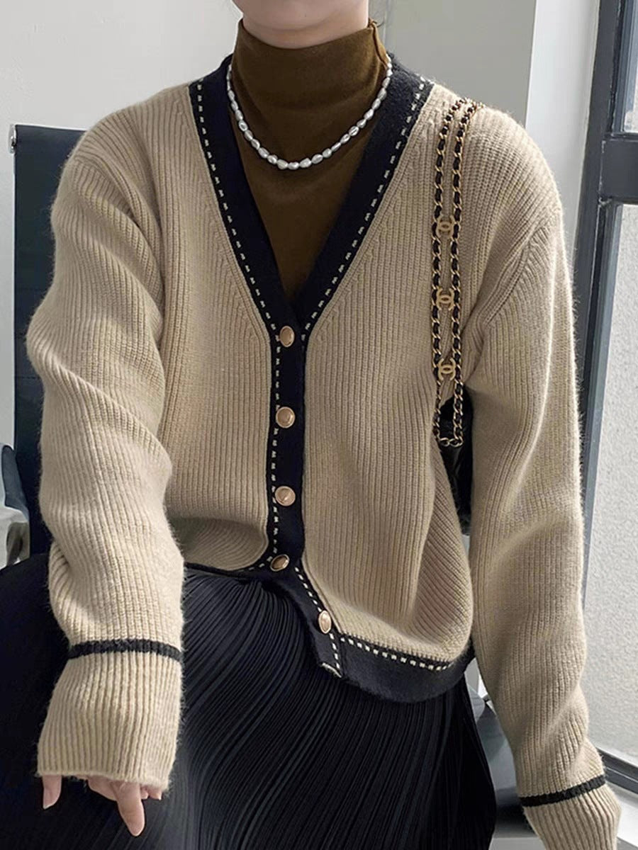 Damen Modische Strickjacke mit Kontrastdetails Drune