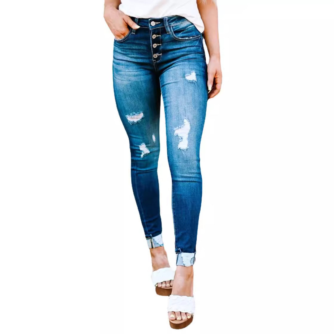 Damen hochtaillierte Skinny Jeans mit ausgefranstem Saum Drune