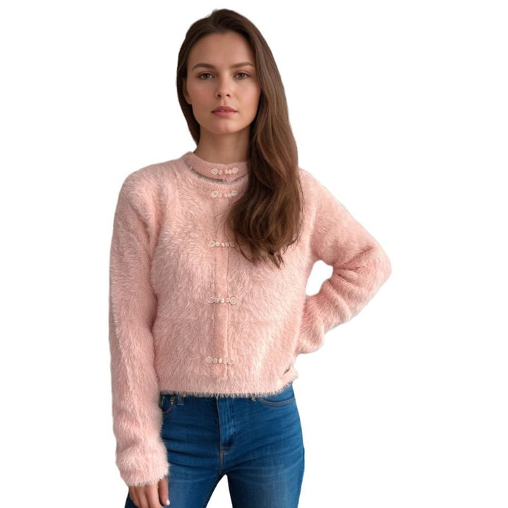 Damen kuscheliger Pullover mit hochgeschlossenem Kragen und dekorativen Knopfdetails Drune