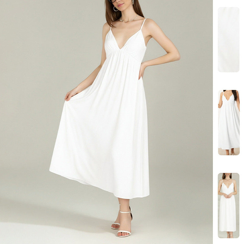 Damen Maxikleid mit tiefem V-Ausschnitt und fließendem Rock Drune
