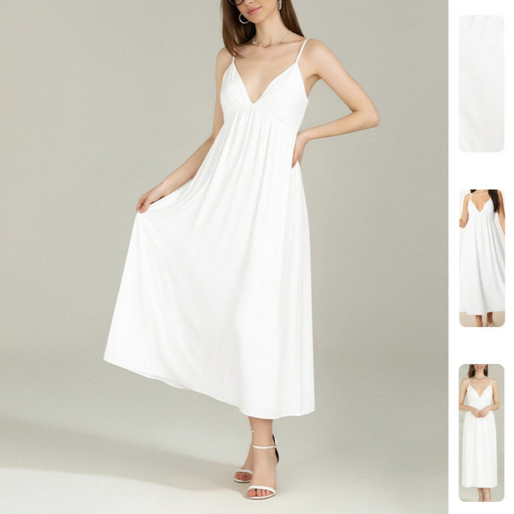 Damen Maxikleid mit tiefem V-Ausschnitt und fließendem Rock Drune