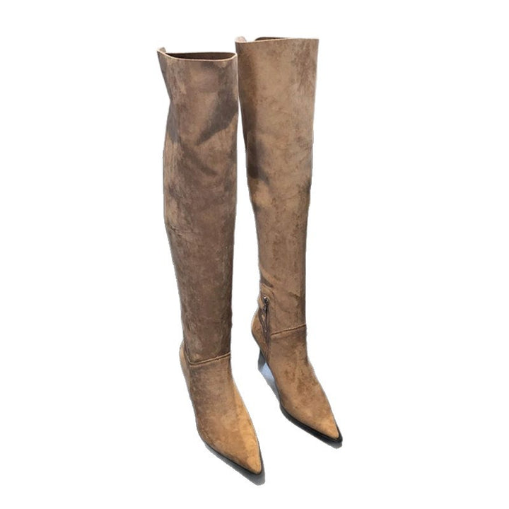 Damen Overknee-Stiefel aus Veloursoptik mit spitzer Zehenform und schmalem Absatz Drune