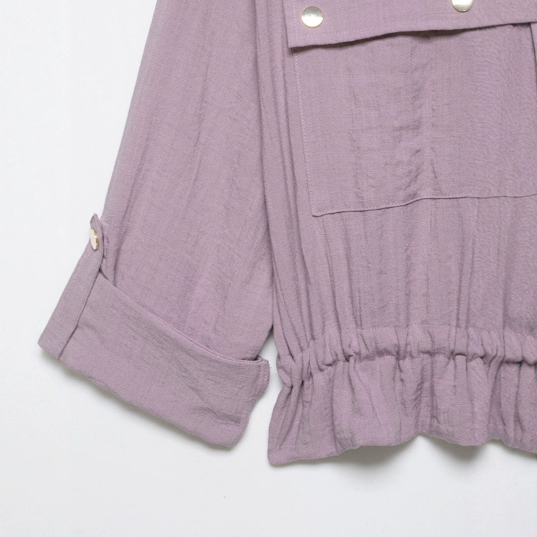 Damen Leichte Hemdblusen-Utility-Jacke mit Tunnelzugbund und Pattentaschen Drune