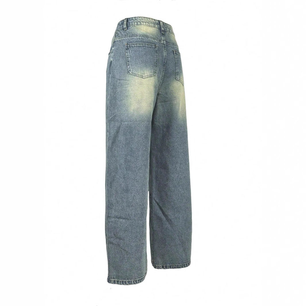 Damen Vintage-inspirierte Baggy-Jeans mit niedrigem Bund, weitem Bein und Used-Waschung Drune
