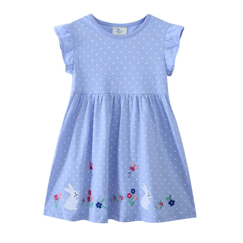 Mädchen Kurzarm Kleid mit fließendem Schnitt und süßem Hasenmotiv Drune