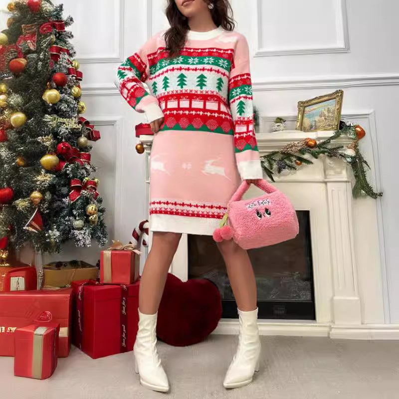 Damen Winter-Strickkleid mit festlichem Weihnachtsmotiv und langem Schnitt Drune