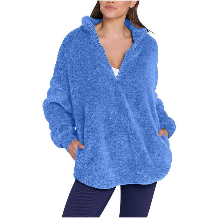 Damen Flauschiger Oversize-Sherpa-Pullover mit Halbzip und Kängurutaschen Drune