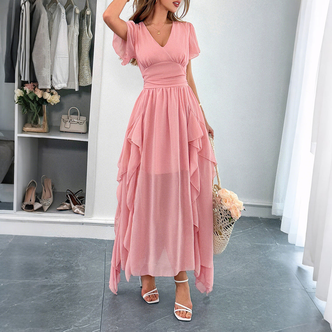 Damen Maxi-Kleid mit fließendem Rüschendesign und V-Ausschnitt Drune