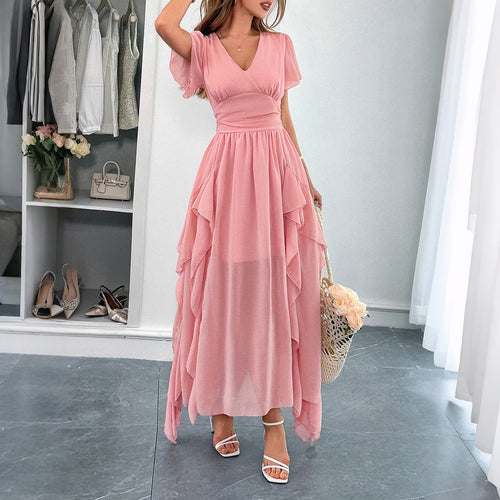 Damen Maxi-Kleid mit fließendem Rüschendesign und V-Ausschnitt Drune