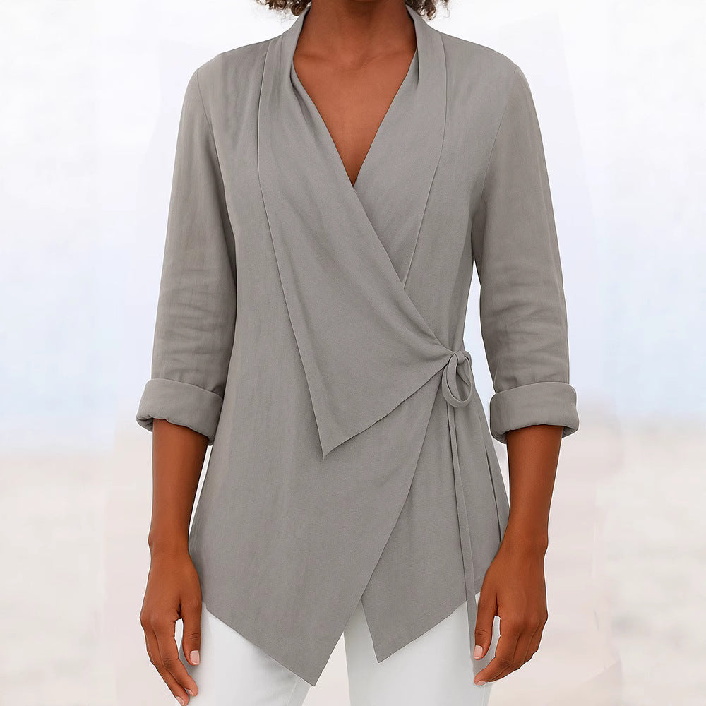Damen Asymmetrische Wickelbluse mit Schalkragen und 3/4-Ärmeln Drune