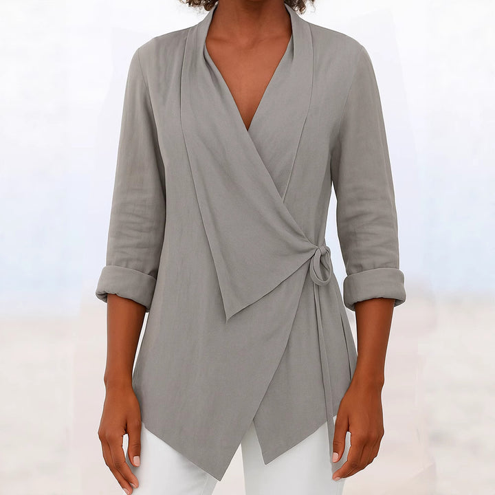 Damen Asymmetrische Wickelbluse mit Schalkragen und 3/4-Ärmeln Drune