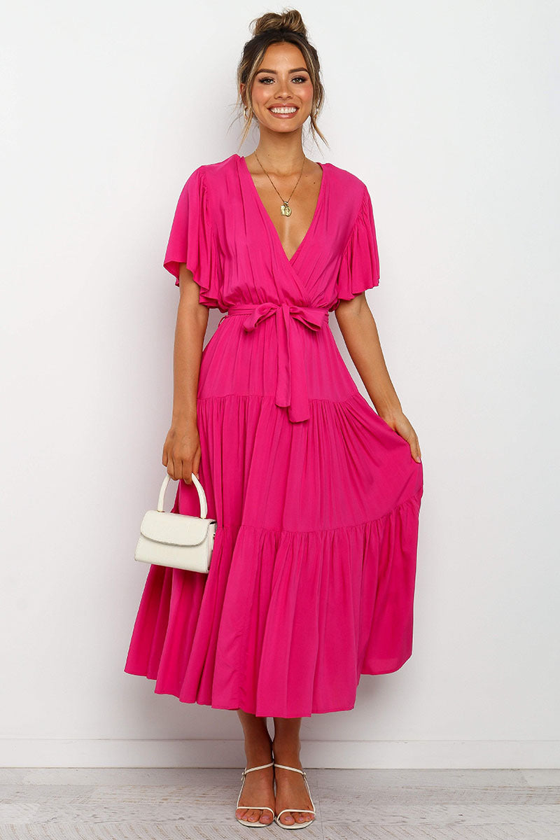 Damen Fließendes Maxi-Kleid mit Wickelbindung und Schmetterlingsärmeln Drune