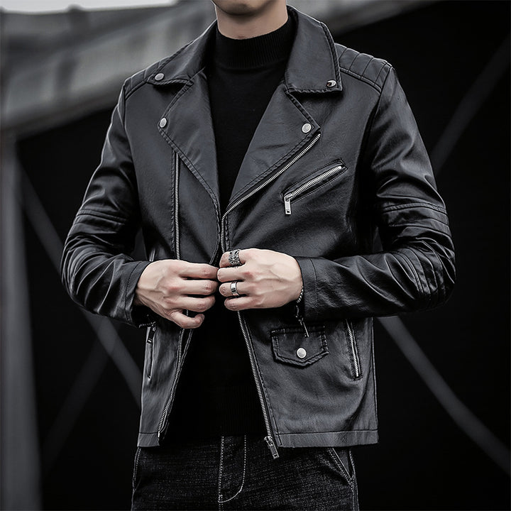 Herren schmal geschnittene Kunstleder-Motojacke mit gesteppter Schulter- und Ärmeldetail Drune