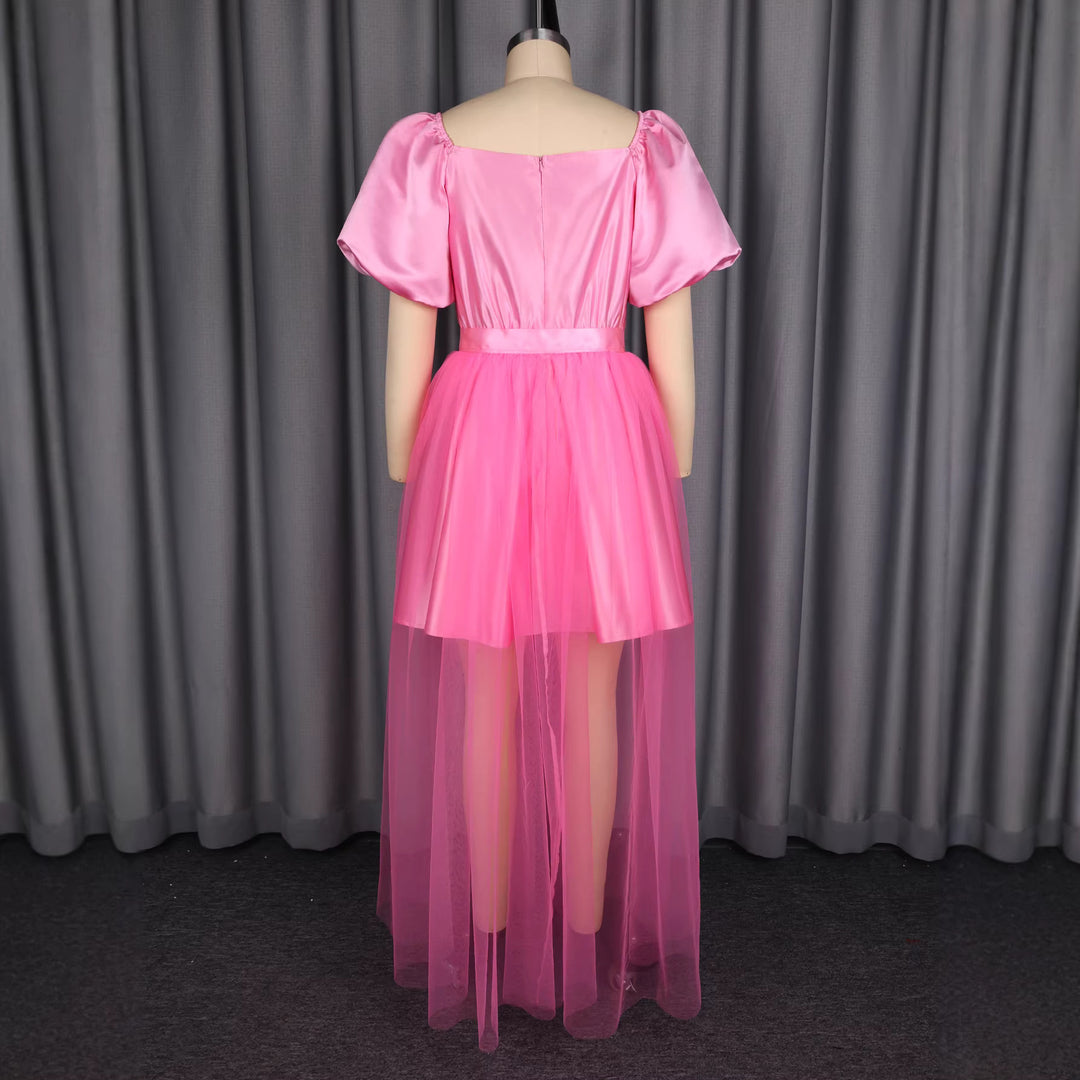 Damen Elegantes Tüllkleid mit Puffärmeln und Schleifenbindung Drune