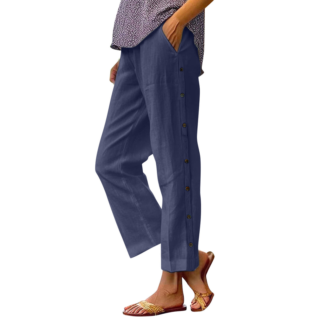 Damen Cropped Weitbeinige Knopf-Trim Leinen-Mischung Casual Hose Drune