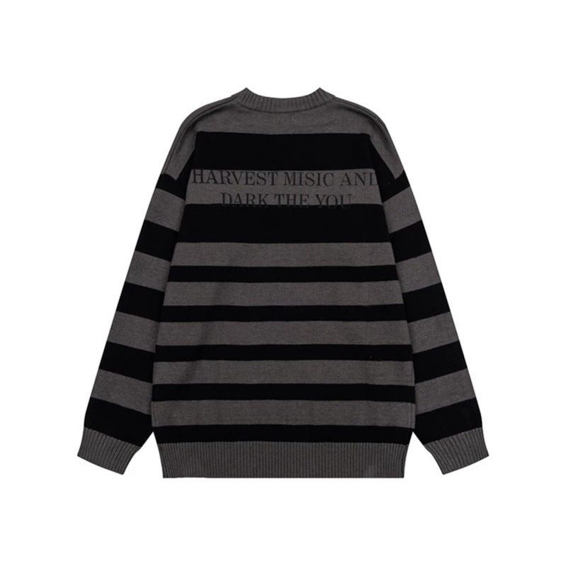 Damen Gestreifter Oversize-Strickpullover mit Rundhals und Musik-Grafik Drune