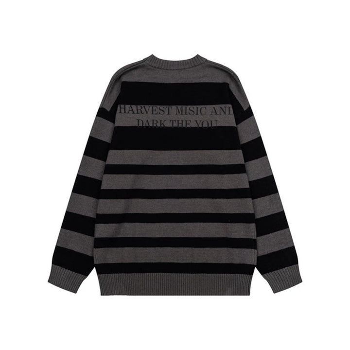 Damen Gestreifter Oversize-Strickpullover mit Rundhals und Musik-Grafik Drune