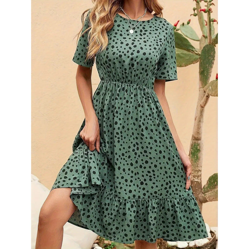 Damen Sommerliches A-Linien Kleid mit Rüschensaum und Punkten Drune