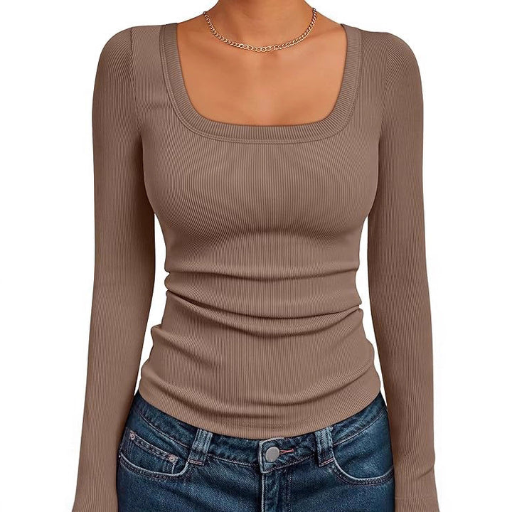 Damen Figurnahes Ripp-Langarmshirt mit weitem Carré-Ausschnitt und Stretch-Baumwollmix Drune