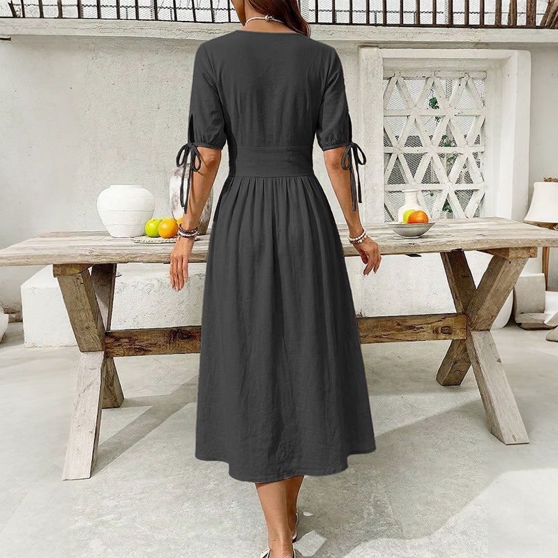 Damen Knielanges Knopfkleid aus leichtem Baumwollmix mit V-Ausschnitt Drune