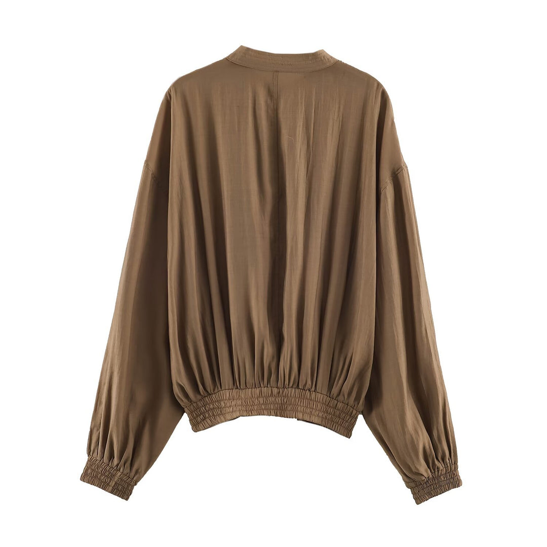 Damen Weites Plissiertes Blouson-Top mit Stehkragen und gesmoktem Saum Drune