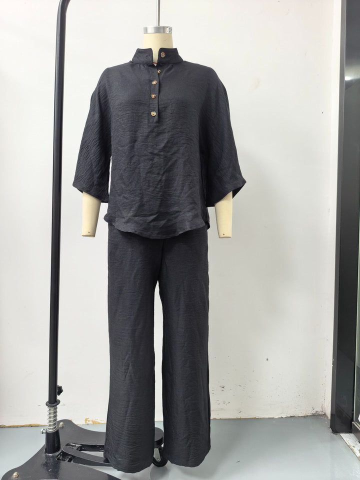 Damen Leichtes Leinen-Loungewear-Set mit Stehkragen Knopfleiste und weitem Marlene-Schnitt Drune