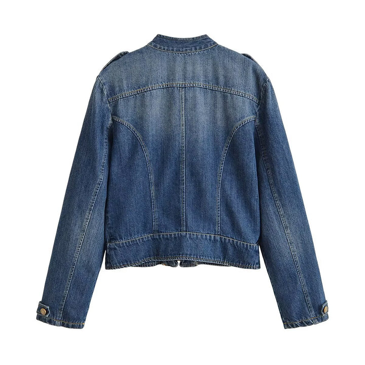 Damen Jeansjacke im Military‑Stil mit Stehkragen, doppelter Zierknopfleiste und Schulterklappen Drune