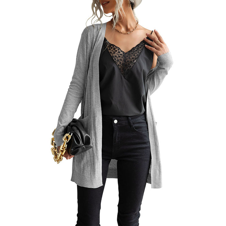 Damen Langer Feinstrick-Cardigan mit Rippenstruktur und Eingrifftaschen Drune