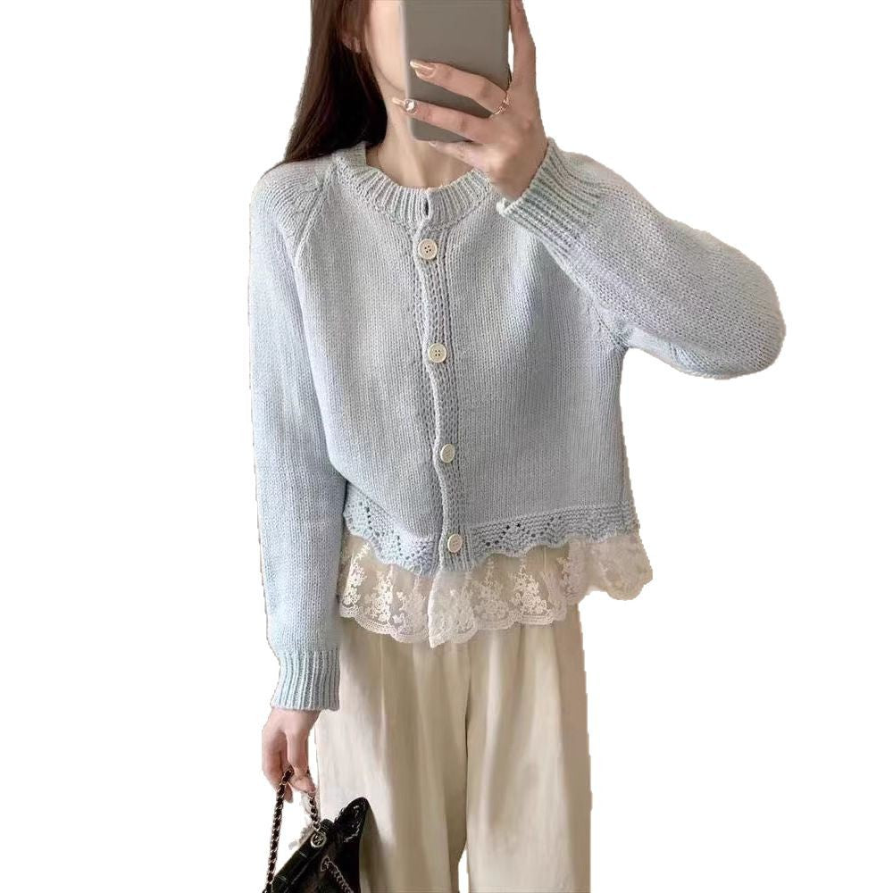 Damen Strickjacke mit dekorativer Spitzenunterlage und Knopfdetails Drune